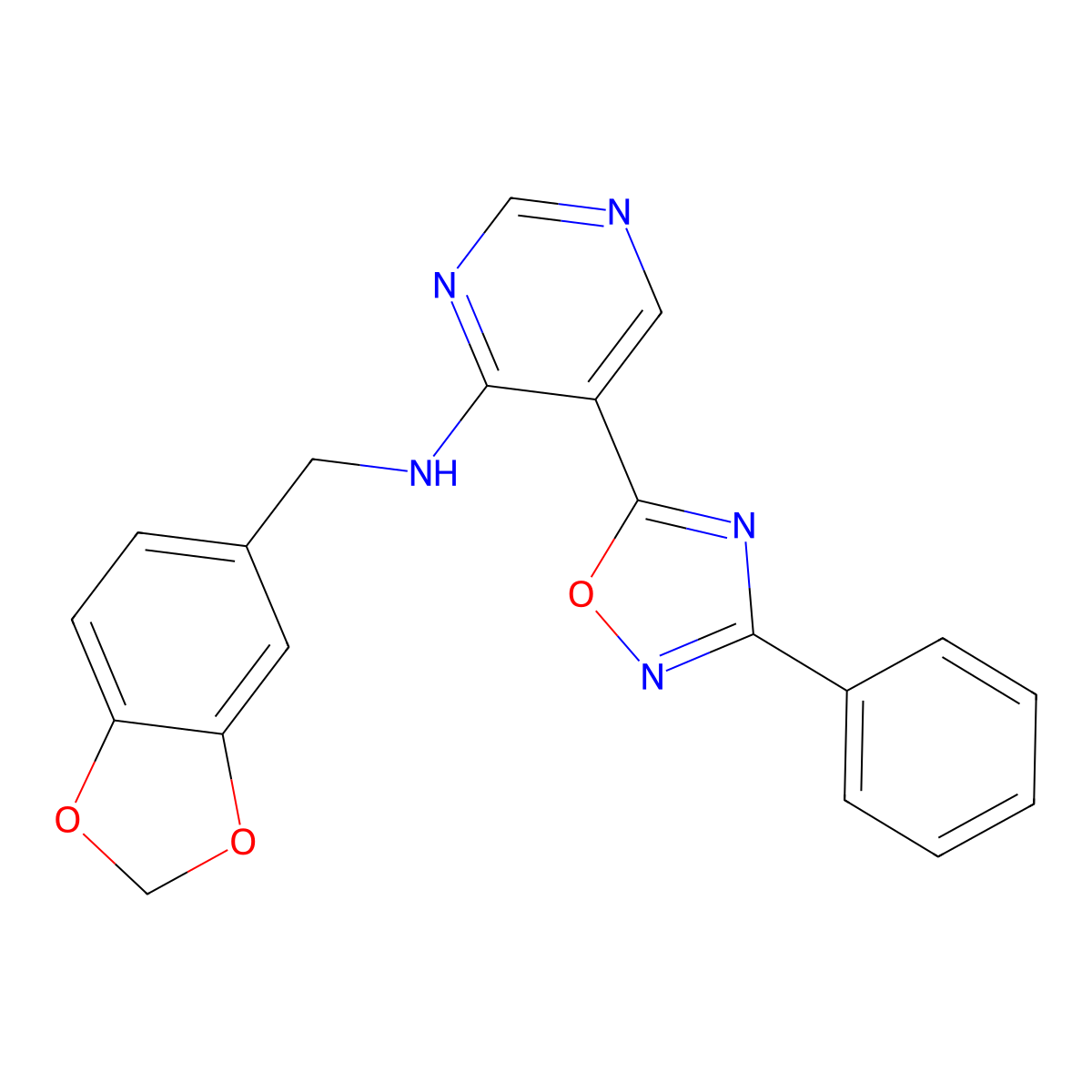 N-(1,3-benzodioxol-5-ylmethyl)-5-(3-phenyl-1,2,4-oxadiazol-5-yl)pyrimidin-4-amine molecular structure, CAS 1775558-08-1