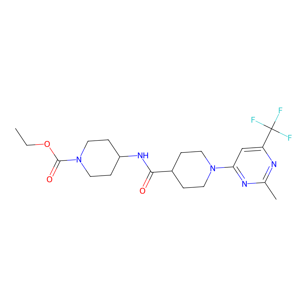 Ethyl 4-[({1-[2-methyl-6-(trifluoromethyl)pyrimidin-4-yl]piperidin-4-yl}carbonyl)amino]piperidine-1-carboxylate molecular structure, CAS 1775558-90-1