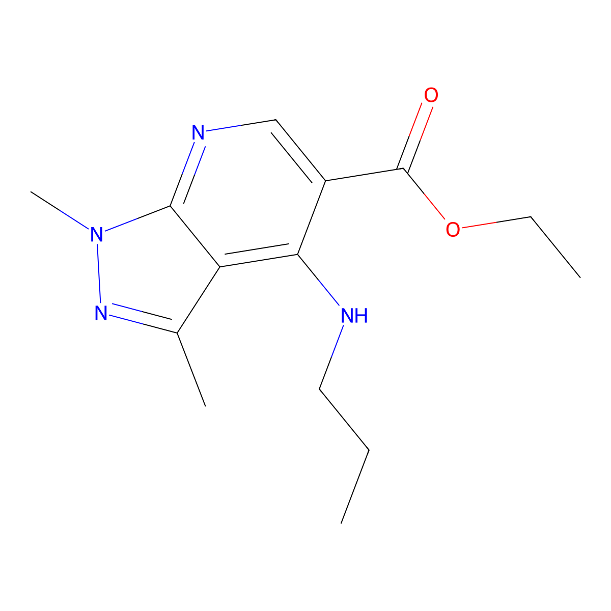 ethyl 1,3-dimethyl-4-(propylamino)-1H-pyrazolo[3,4-b]pyridine-5-carboxylate molecular structure, CAS 1775811-95-4