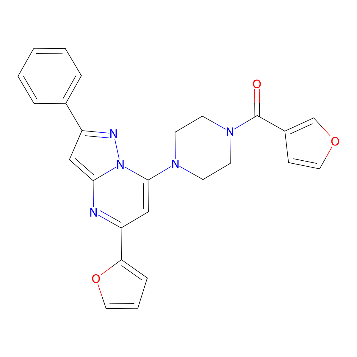 3-Furanyl-[4-[5-(2-furanyl)-2-phenyl-7-pyrazolo[1,5-a]pyrimidinyl]-1-piperazinyl]methanone molecular structure, CAS 1776055-05-0