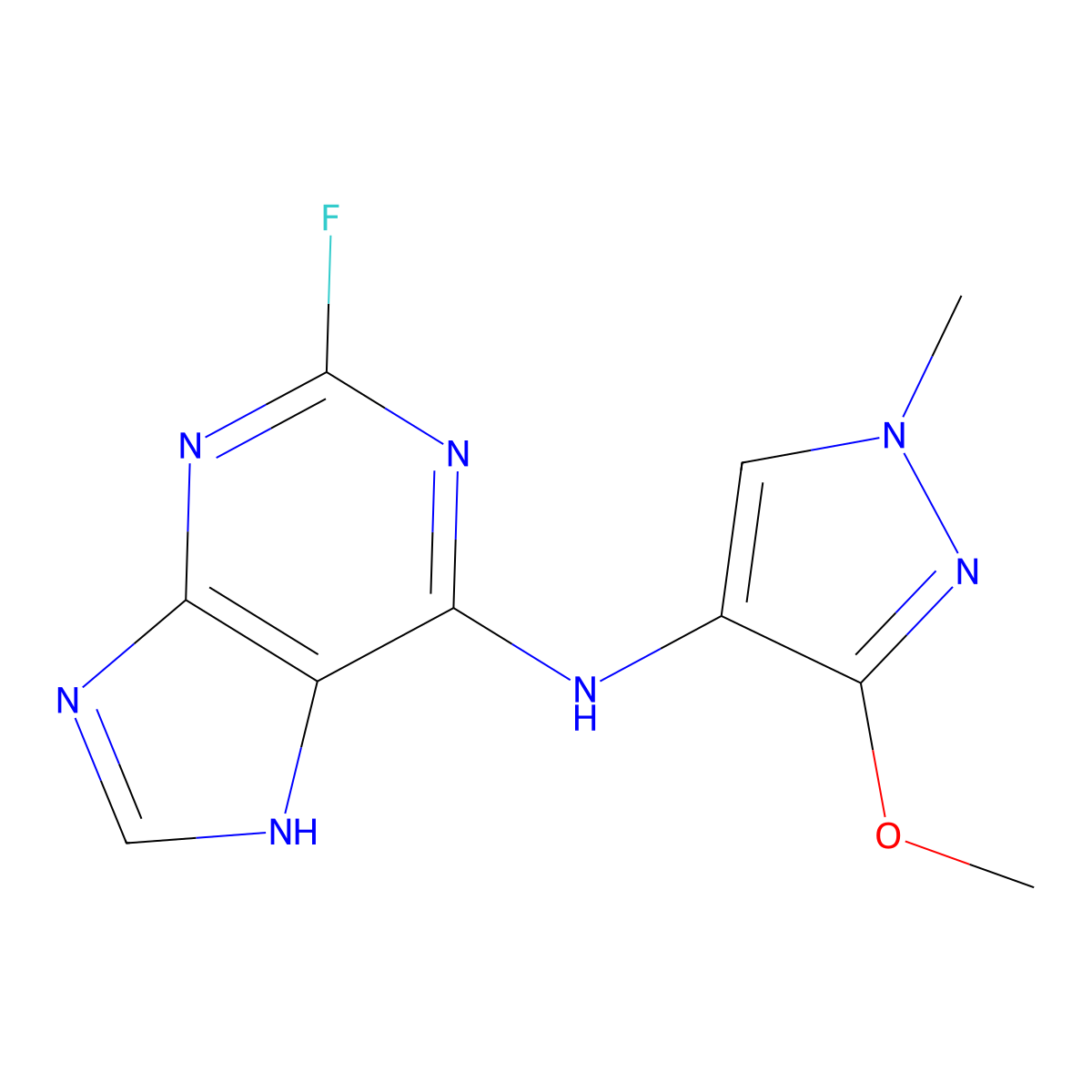 2-fluoro-N-(3-methoxy-1-methyl-1H-pyrazol-4-yl)-9H-purin-6-amine molecular structure, CAS 1776113-93-9