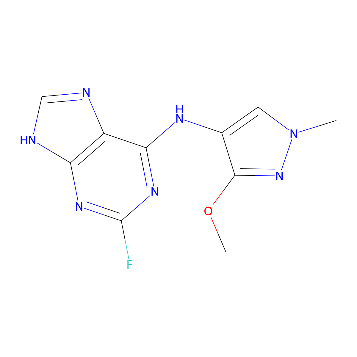 2-fluoro-N-(3-methoxy-1-methyl-1H-pyrazol-4-yl)-9H-purin-6-amine molecular structure, CAS 1776113-93-9