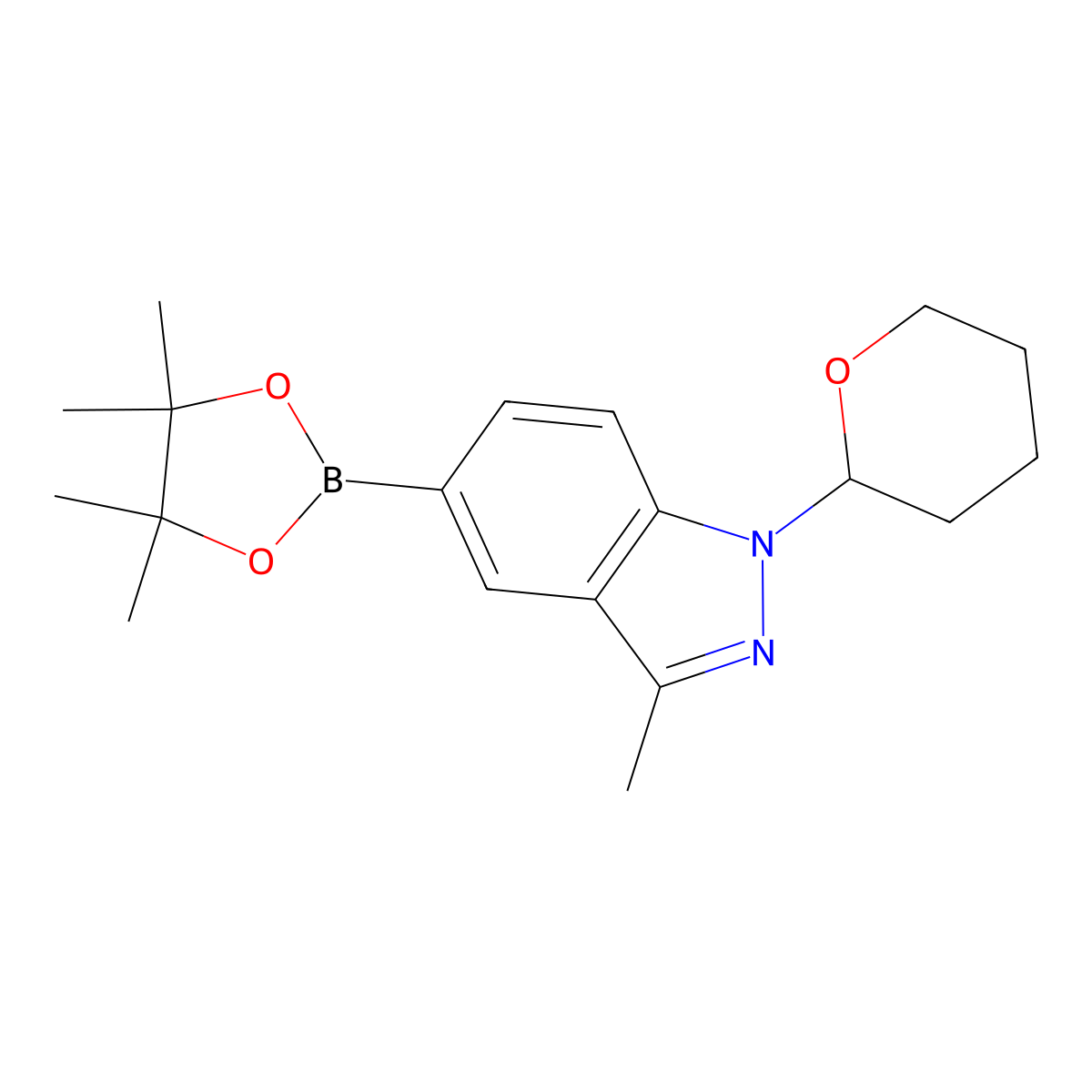 3-methyl-1-(tetrahydro-2H-pyran-2-yl)-5-(4,4,5,5-tetramethyl-1,3,2-dioxaborolan-2-yl)-1H-indazole molecular structure, CAS 1777783-16-0