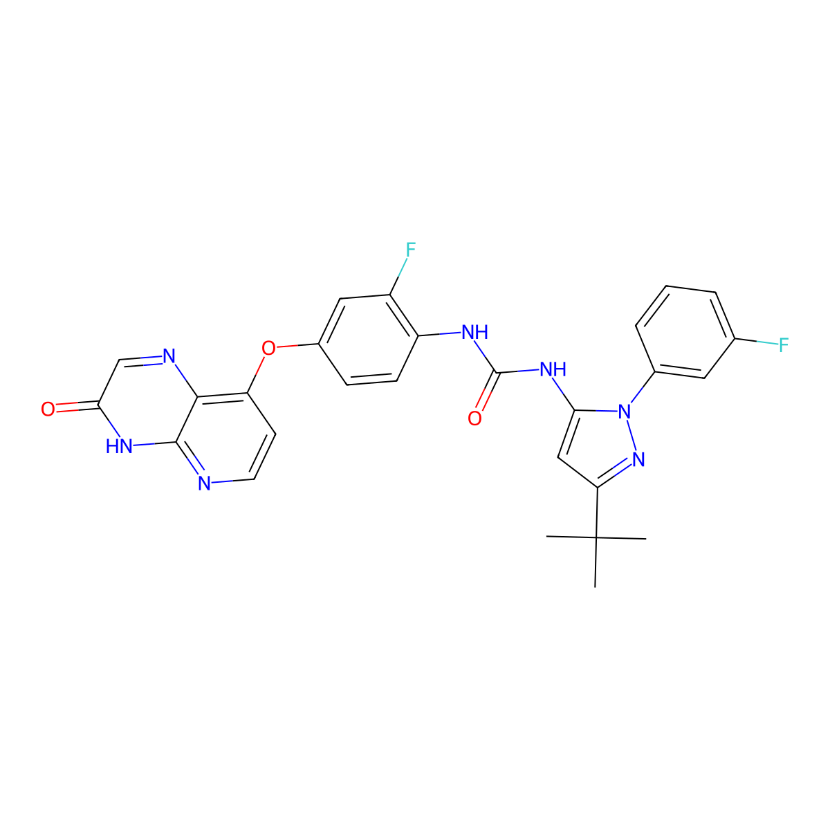 1-[5-Tert-butyl-2-(3-fluorophenyl)pyrazol-3-yl]-3-[2-fluoro-4-[(3-oxo-4H-pyrido[2,3-b]pyrazin-8-yl)oxy]phenyl]urea molecular structure, CAS 1777832-90-2