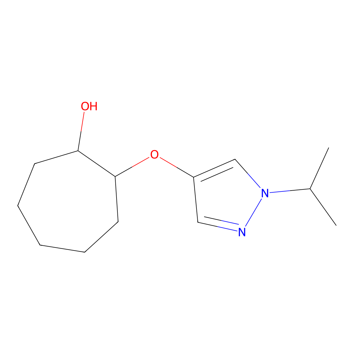 2-{[1-(propan-2-yl)-1H-pyrazol-4-yl]oxy}cycloheptan-1-ol molecular structure, CAS 1778264-38-2