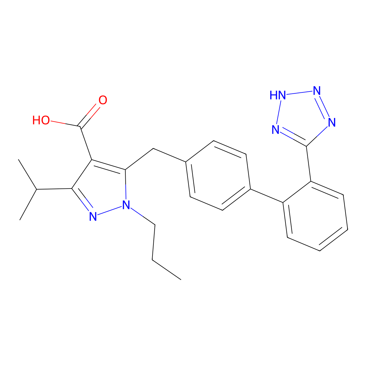 (3-iso-propyl-1-propyl-5-((2'-(1H-tetrazol-5-yl)-1,1'-biphenyl-4-yl)methyl)-1H-pyrazole-4-carboxylic acid) molecular structure, CAS 177847-28-8