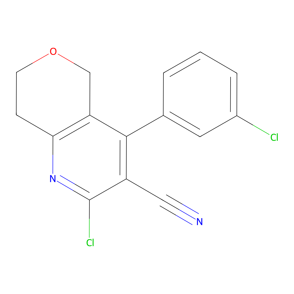 2-Chloro-4-(3-chlorophenyl)-7,8-dihydro-5H-pyrano[4,3-b]pyridine-3-carbonitrile molecular structure, CAS 1779124-75-2