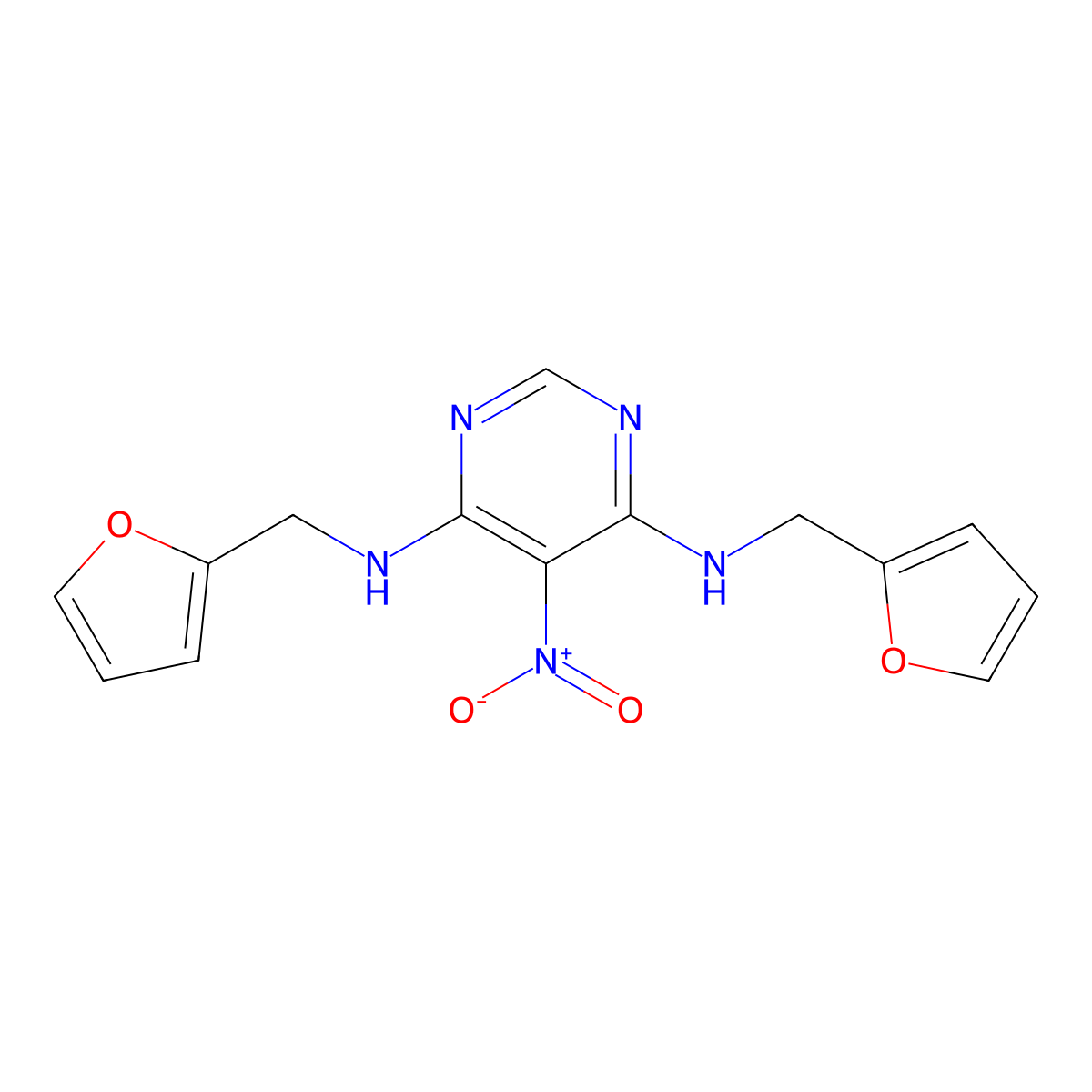 4-N,6-N-bis(furan-2-ylmethyl)-5-nitropyrimidine-4,6-diamine molecular structure, CAS 17801-44-4