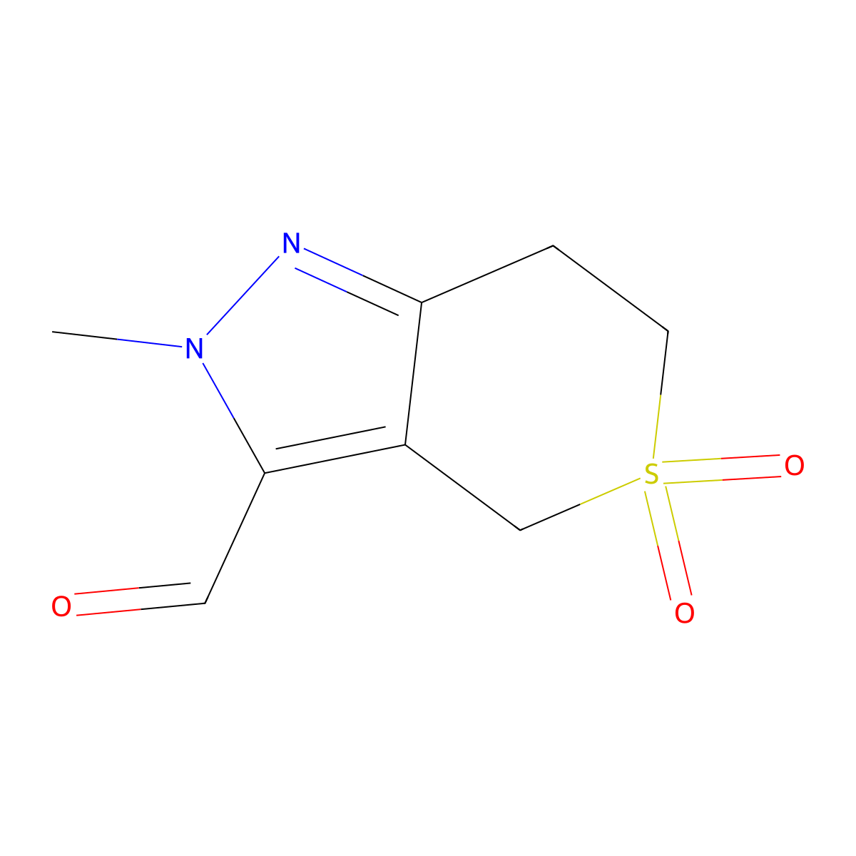 2-Methyl-5,5-dioxo-2H,4H,6H,7H-5lambda6-thiopyrano[4,3-c]pyrazole-3-carbaldehyde molecular structure, CAS 1780437-11-7