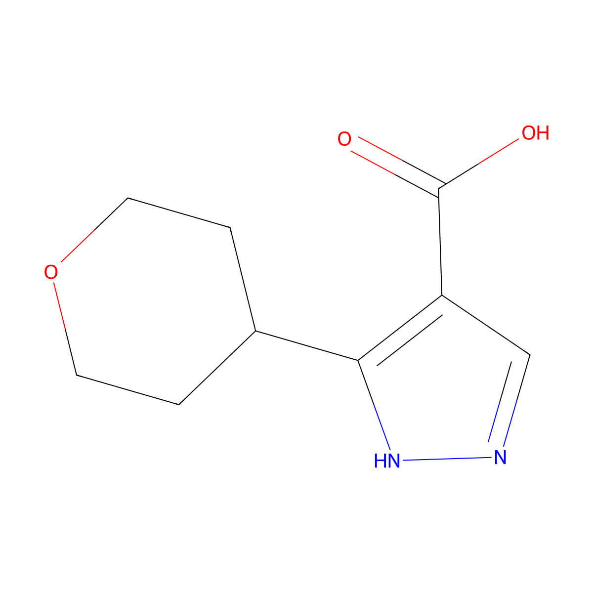 3-(oxan-4-yl)-1H-pyrazole-4-carboxylic acid molecular structure, CAS 1780459-83-7