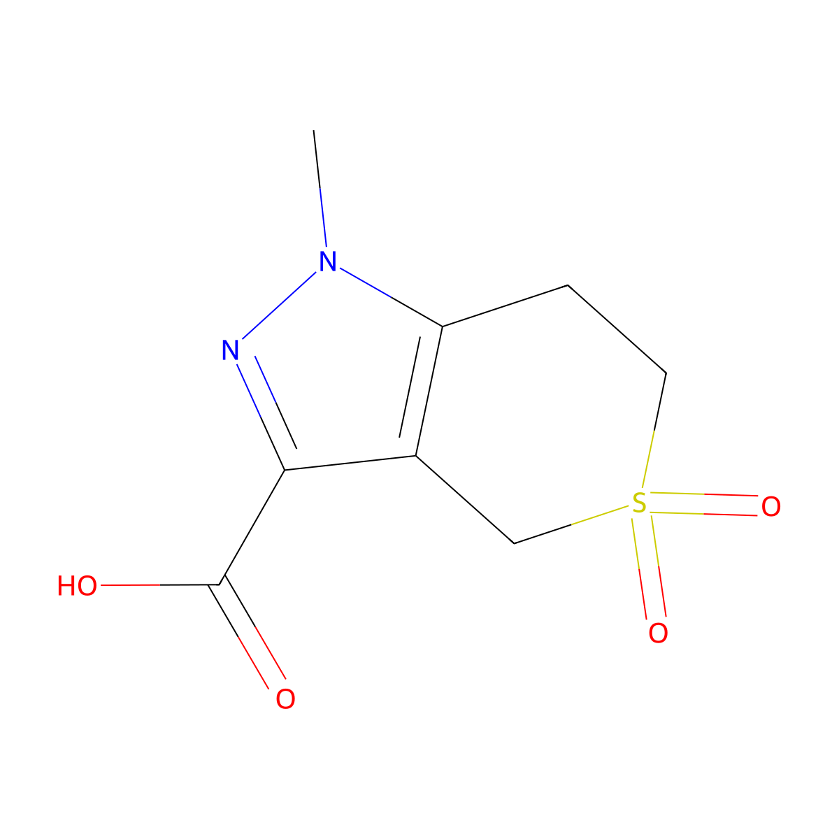 1-Methyl-1,4,6,7-tetrahydrothiopyrano[4,3-c]pyrazole-3-carboxylic acid 5,5-dioxide molecular structure, CAS 1780610-22-1