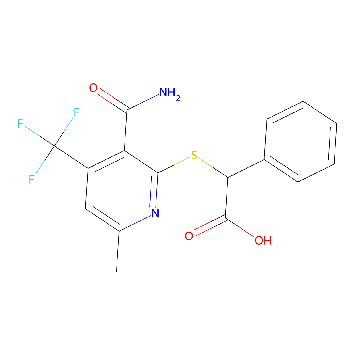 2-{[3-Carbamoyl-6-methyl-4-(trifluoromethyl)pyridin-2-yl]sulfanyl}-2-phenylacetic acid molecular structure, CAS 1780876-04-1