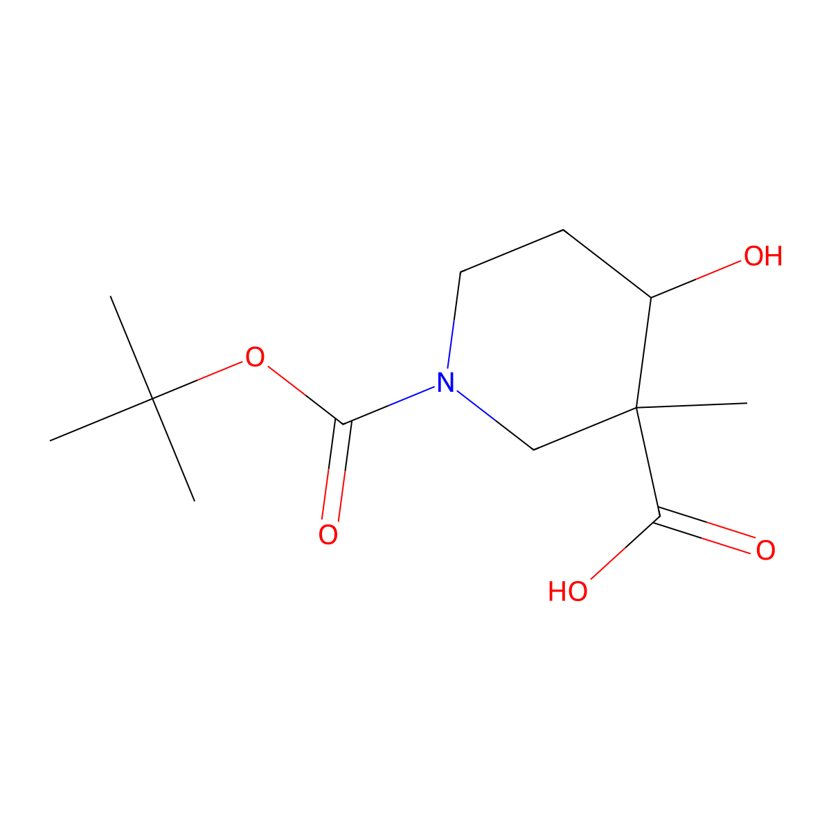 1-((Tert-butoxy)carbonyl)-4-hydroxy-3-methylpiperidine-3-carboxylic acid molecular structure, CAS 1780899-28-6