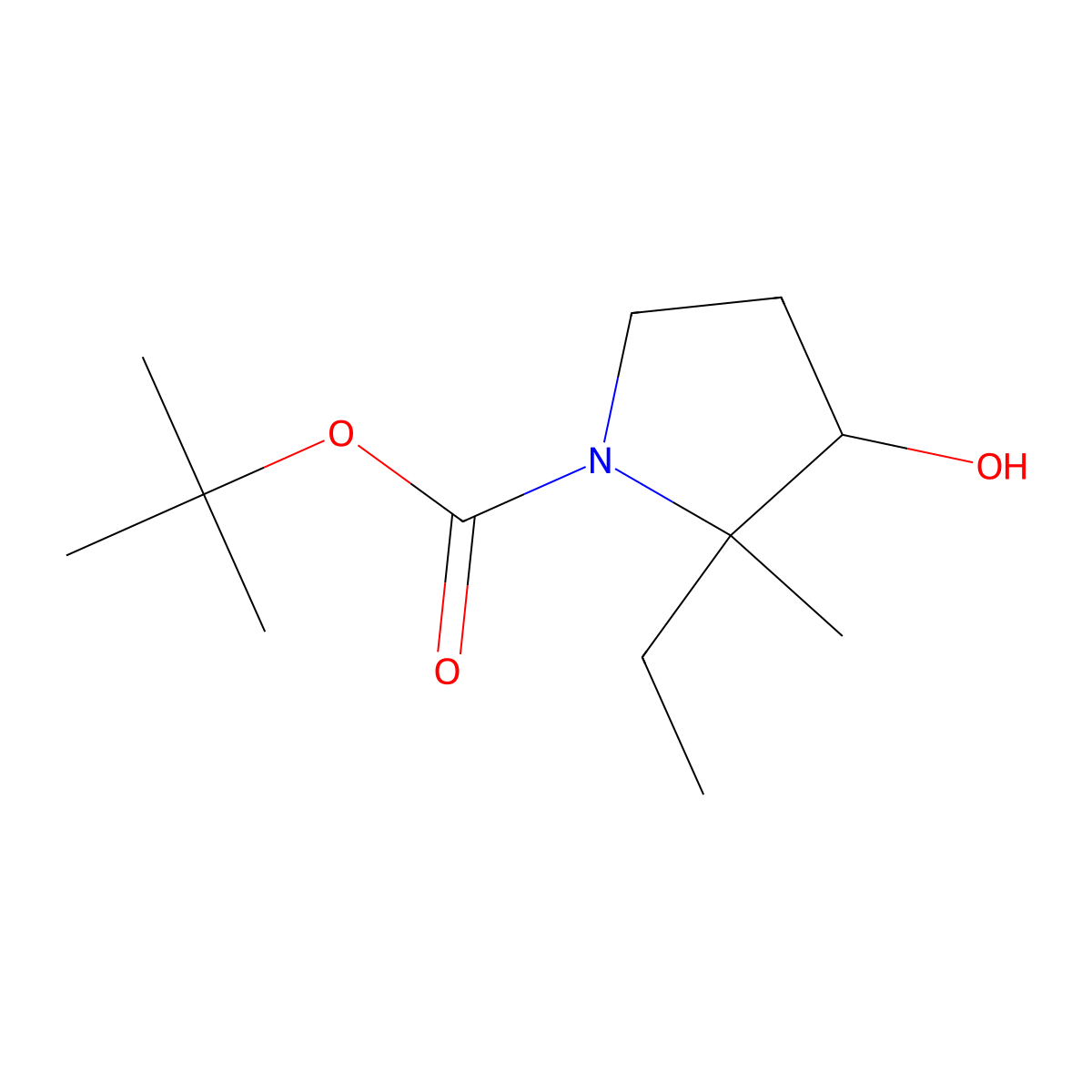 Tert-butyl 2-ethyl-3-hydroxy-2-methylpyrrolidine-1-carboxylate molecular structure, CAS 1781117-24-5