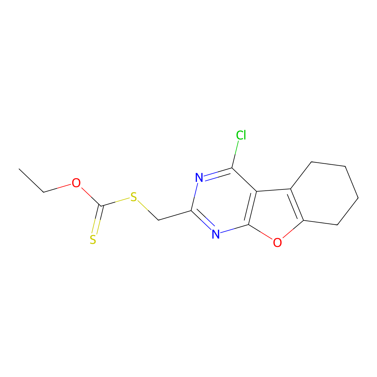 [({3-Chloro-8-oxa-4,6-diazatricyclo[7.4.0.0(2),7]trideca-1(9),2(7),3,5-tetraen-5-yl}methyl)sulfanyl](ethoxy)methanethione molecular structure, CAS 1781241-31-3