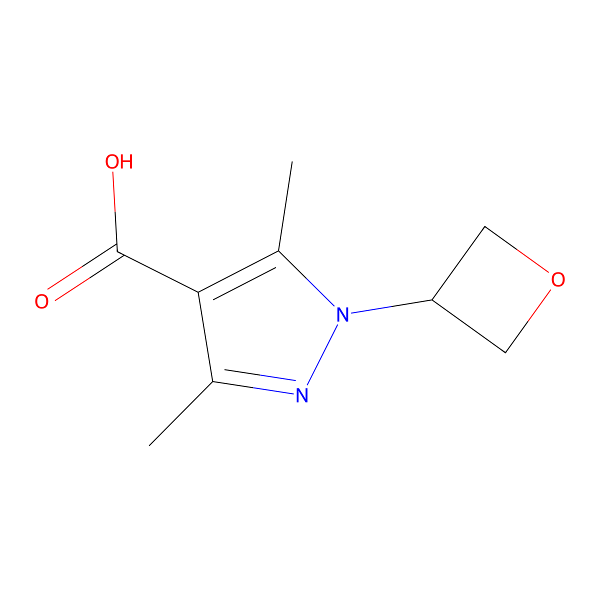 3,5-Dimethyl-1-(oxetan-3-yl)-1H-pyrazole-4-carboxylic acid molecular structure, CAS 1781314-40-6