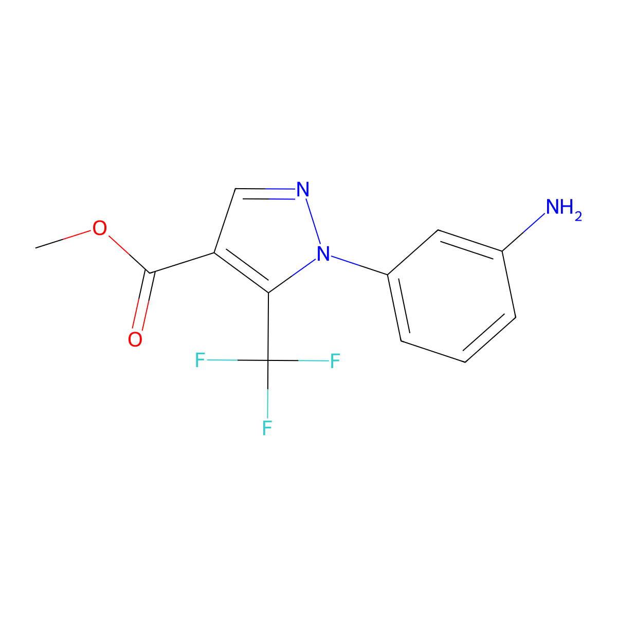 methyl 1-(3-aminophenyl)-5-(trifluoromethyl)-1H-pyrazole-4-carboxylate molecular structure, CAS 1781366-11-7