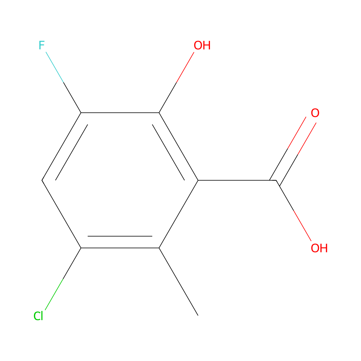 3-Chloro-5-fluoro-6-hydroxy-2-methylbenzoic acid molecular structure, CAS 1781431-23-9