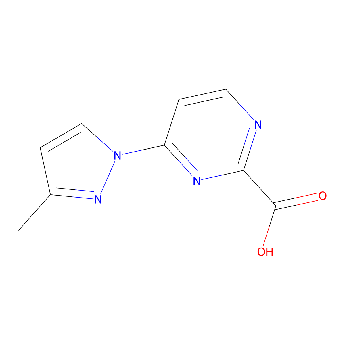 4-(3-methyl-1H-pyrazol-1-yl)pyrimidine-2-carboxylic acid molecular structure, CAS 1781799-07-2