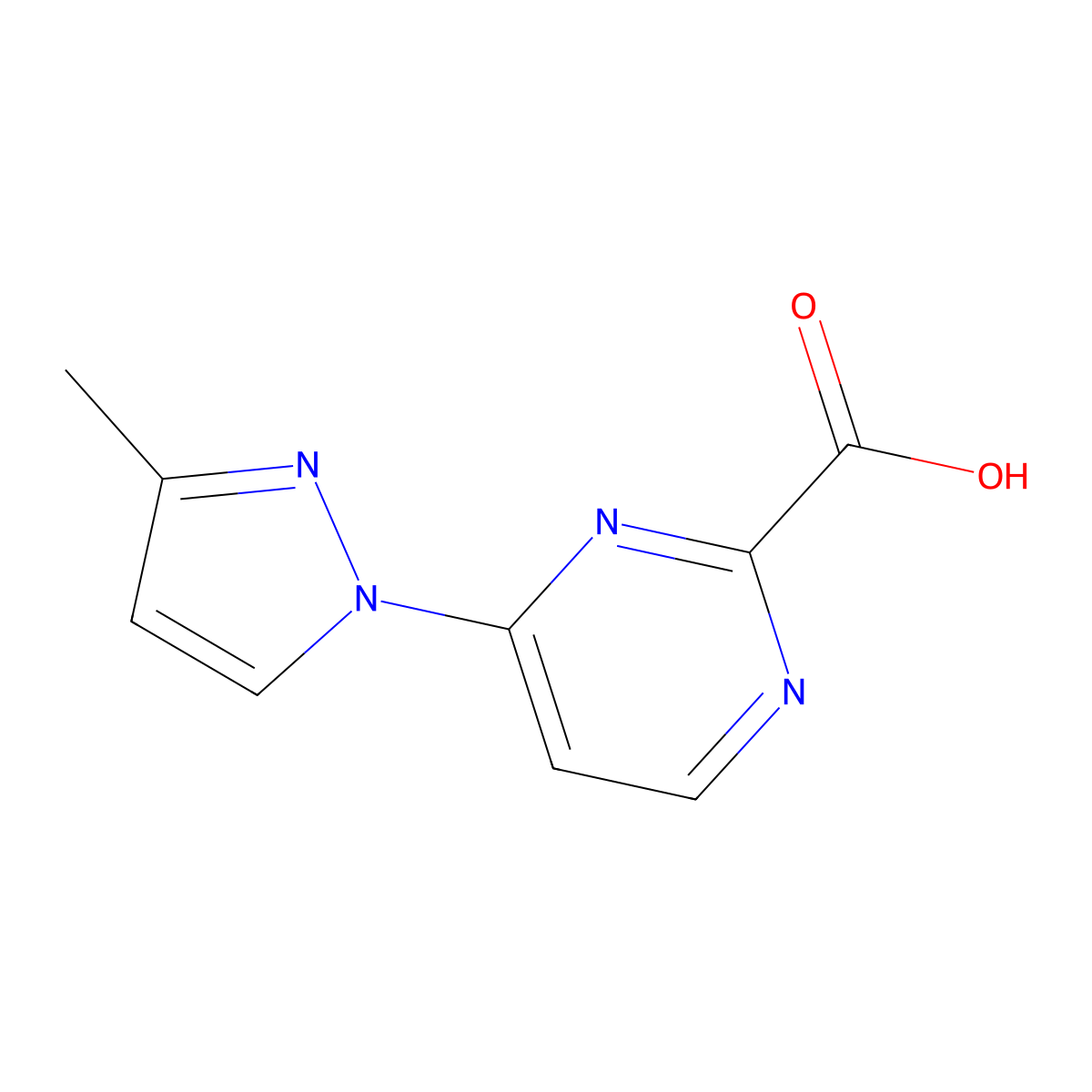 4-(3-methyl-1H-pyrazol-1-yl)pyrimidine-2-carboxylic acid molecular structure, CAS 1781799-07-2