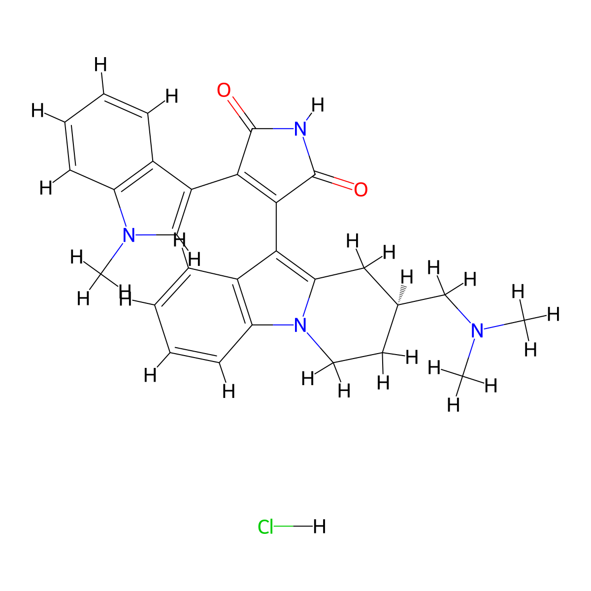 (S)-3-(8-(dimethylaminomethyl)-6,7,8,9-tetrahydropyrido(1,2-a)indol-10-yl)-4-(1-methyl-3-indolyl)-1H-pyrrole-2,5-dione hydrochloride molecular structure, CAS 1781828-85-0