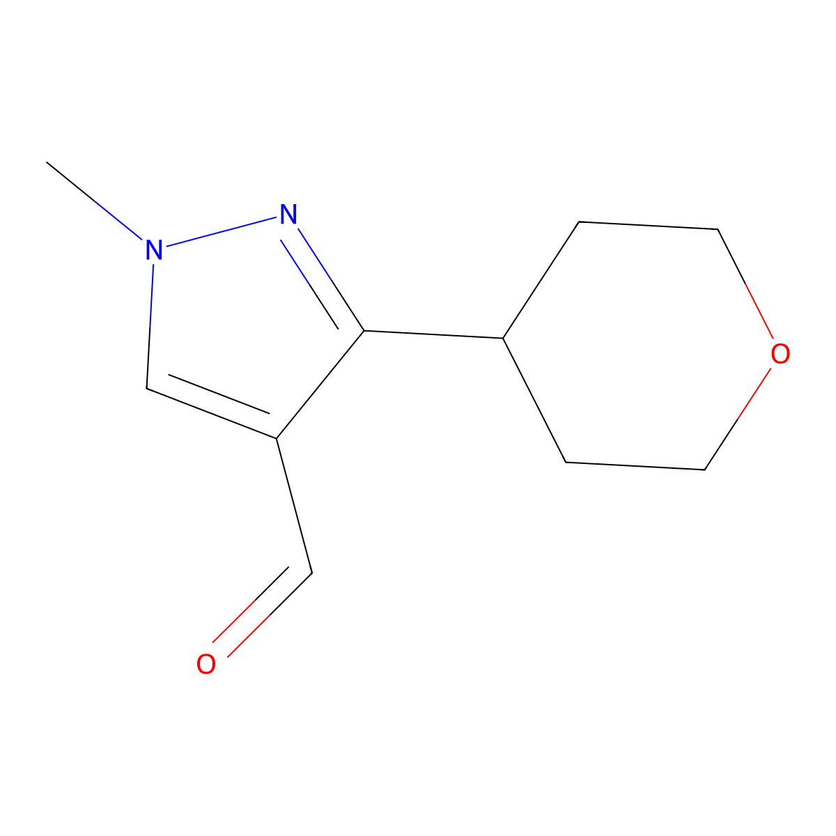 1-methyl-3-(oxan-4-yl)-1H-pyrazole-4-carbaldehyde molecular structure, CAS 1782032-82-9