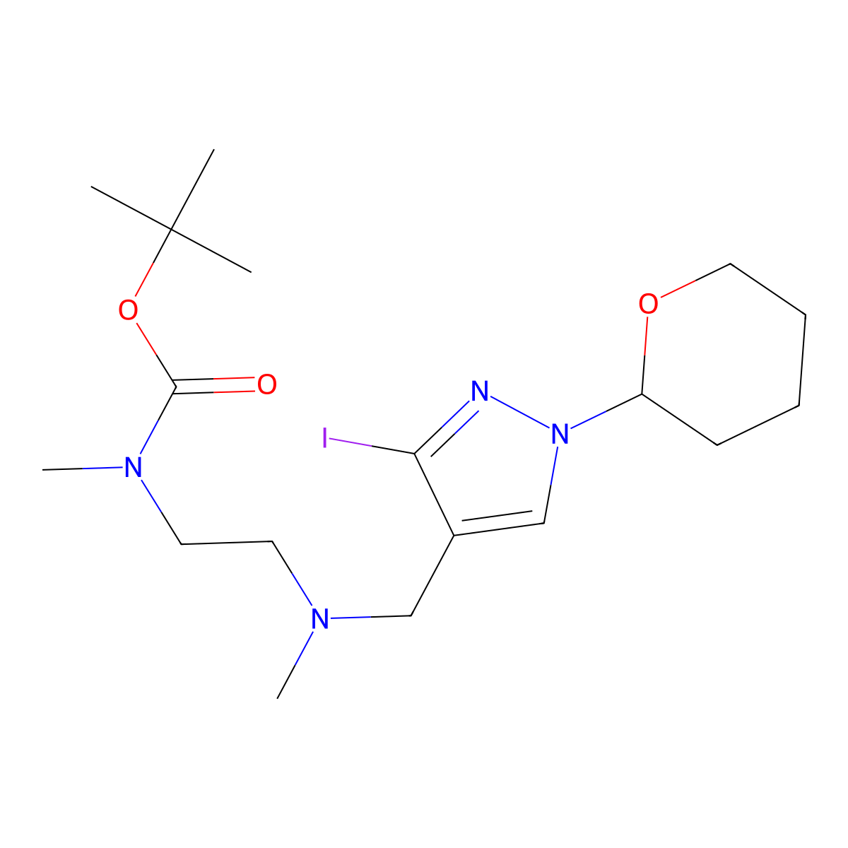 (2-{[3-Iodo-1-(tetrahydropyran-2-yl)-1H-pyrazol-4-ylmethyl]-methylamino}-ethyl)-methyl-carbamic acid tert-butyl ester molecular structure, CAS 1782069-01-5