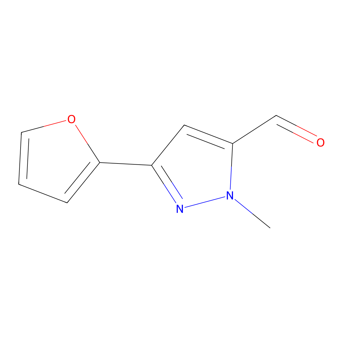 3-(furan-2-yl)-1-methyl-1H-pyrazole-5-carbaldehyde molecular structure, CAS 1782216-53-8