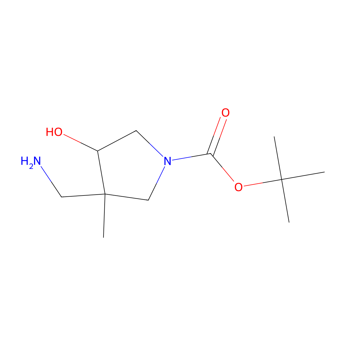 Tert-butyl 3-(aminomethyl)-4-hydroxy-3-methylpyrrolidine-1-carboxylate molecular structure, CAS 1782237-52-8