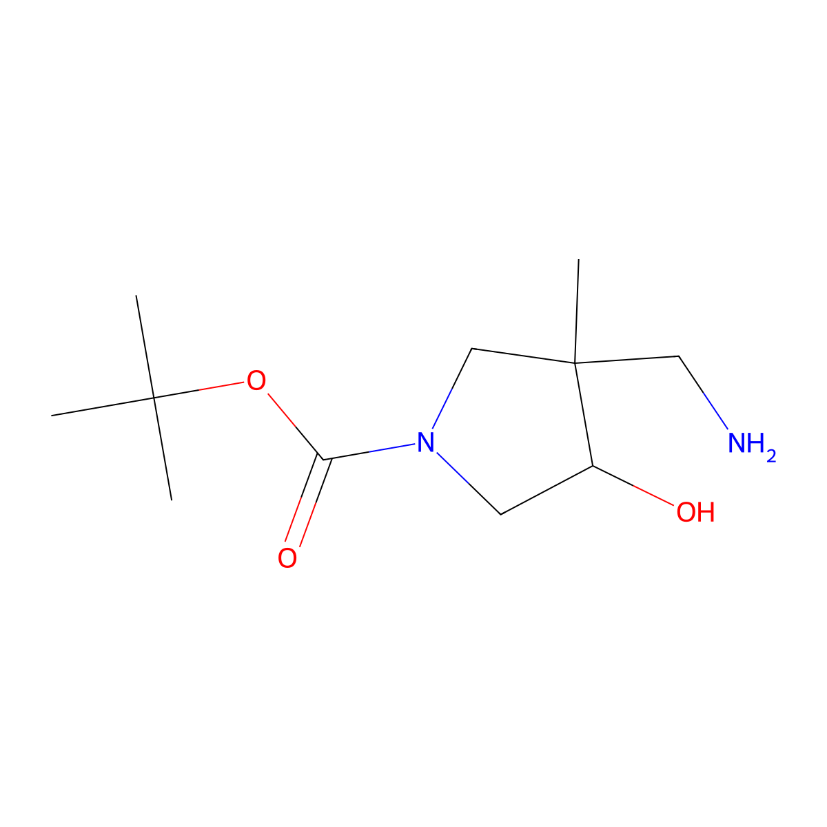 Tert-butyl 3-(aminomethyl)-4-hydroxy-3-methylpyrrolidine-1-carboxylate molecular structure, CAS 1782237-52-8