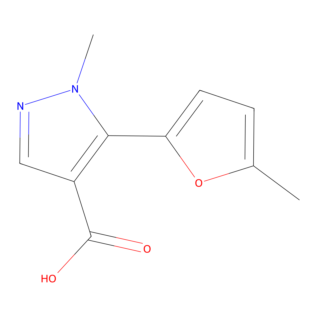 1-methyl-5-(5-methylfuran-2-yl)-1H-pyrazole-4-carboxylic acid molecular structure, CAS 1782288-25-8