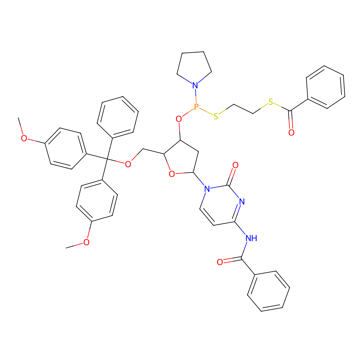 S-[2-[[(2R,3S,5R)-5-(4-benzamido-2-oxopyrimidin-1-yl)-2-[[bis(4-methoxyphenyl)-phenylmethoxy]methyl]oxolan-3-yl]oxy-pyrrolidin-1-ylphosphanyl]sulfanylethyl] benzenecarbothioate molecular structure, CAS 178272-25-8