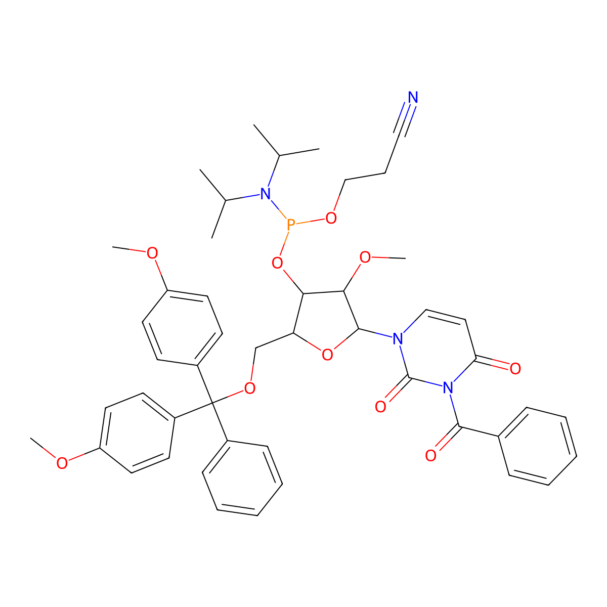 N3-Benzoyl-5'-O-(4,4'-dimethoxytrityl)-2'-O-methyluridine-3'-cyanoethyl phosphoramidite; . molecular structure, CAS 178422-03-2