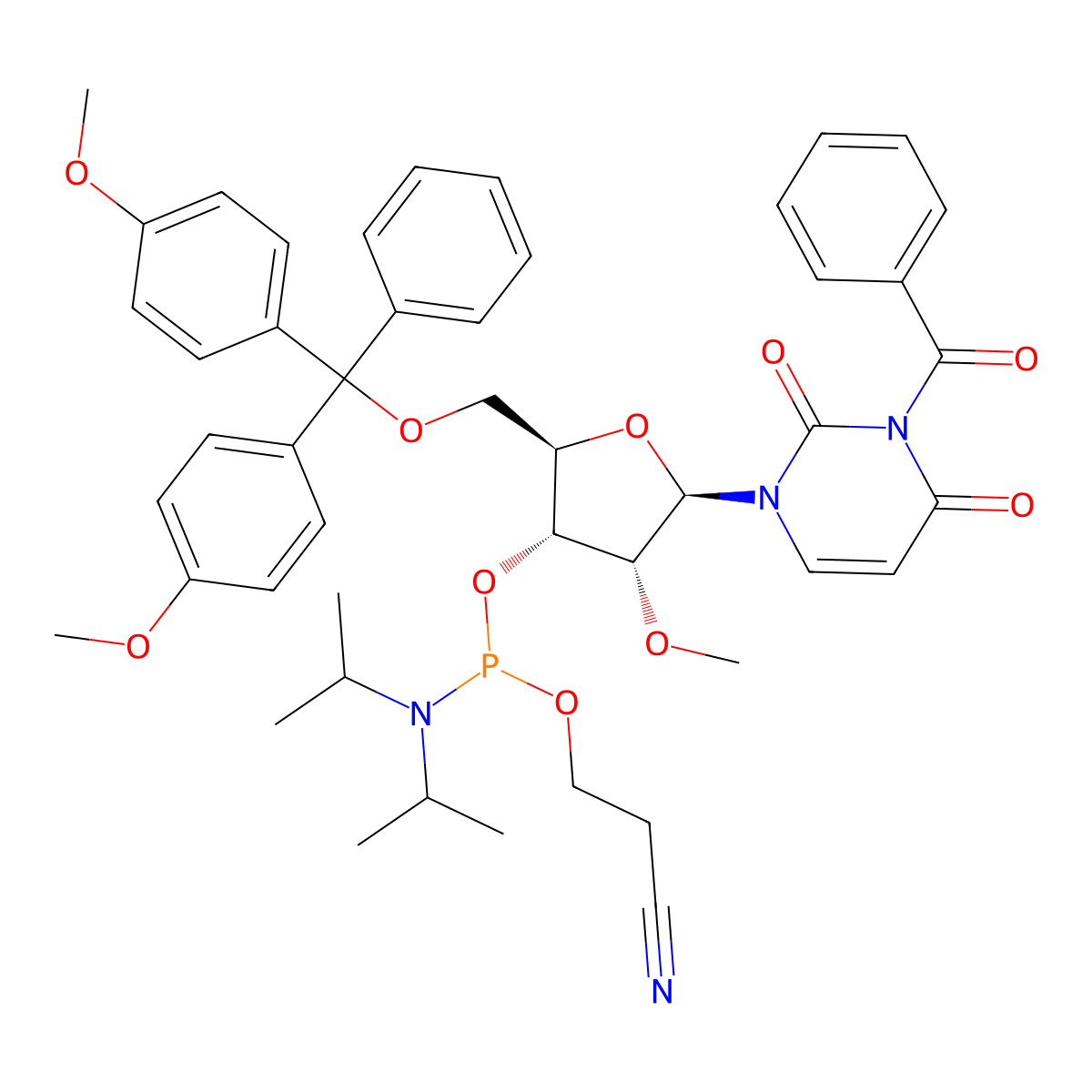 N3-Benzoyl-5'-O-(4,4'-dimethoxytrityl)-2'-O-methyluridine-3'-cyanoethyl phosphoramidite; . molecular structure, CAS 178422-03-2