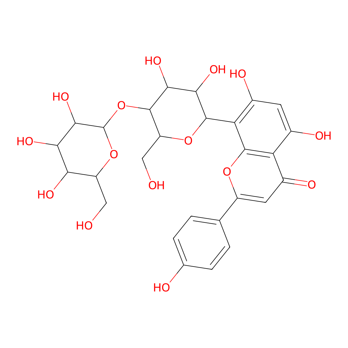 (1S)-1,5-Anhydro-1-(5,7-dihydroxy-2-(4-hydroxyphenyl)-4-oxo-4H-1-benzopyran-8-yl)-4-O-beta-D-glucopyranosyl-D-glucitol molecular structure, CAS 178468-00-3