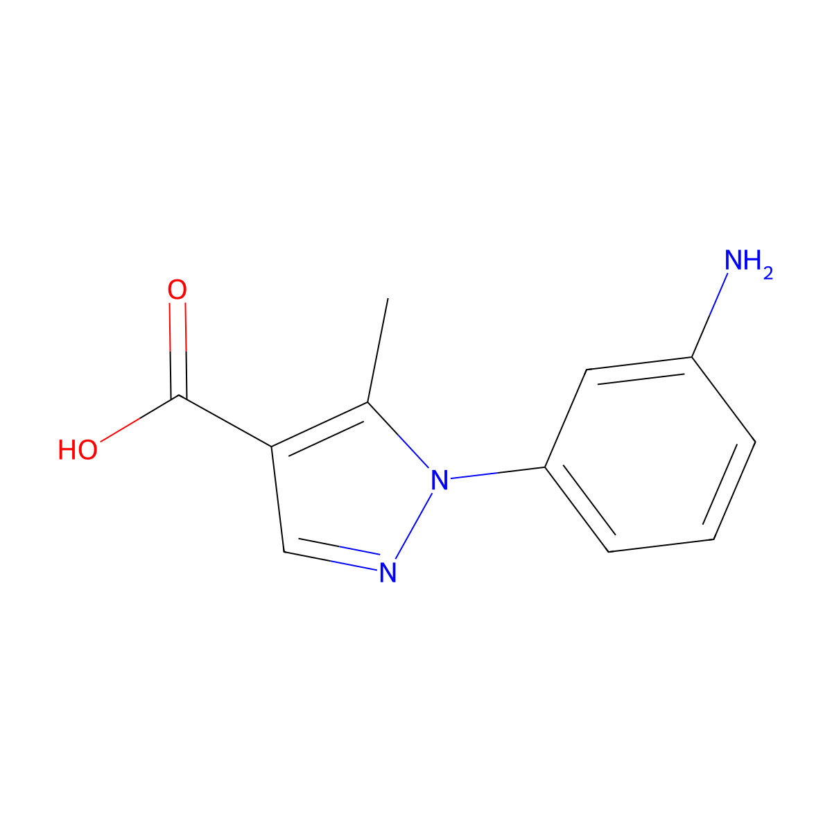 1-(3-aminophenyl)-5-methyl-1H-pyrazole-4-carboxylic acid molecular structure, CAS 1785281-15-3