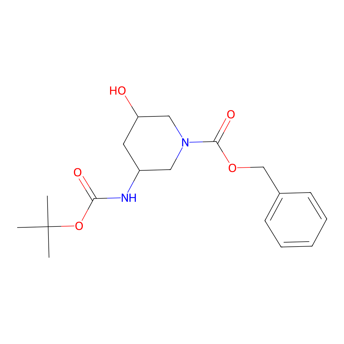 Benzyl 3-((tert-butoxycarbonyl)amino)-5-hydroxypiperidine-1-carboxylate molecular structure, CAS 1785642-46-7