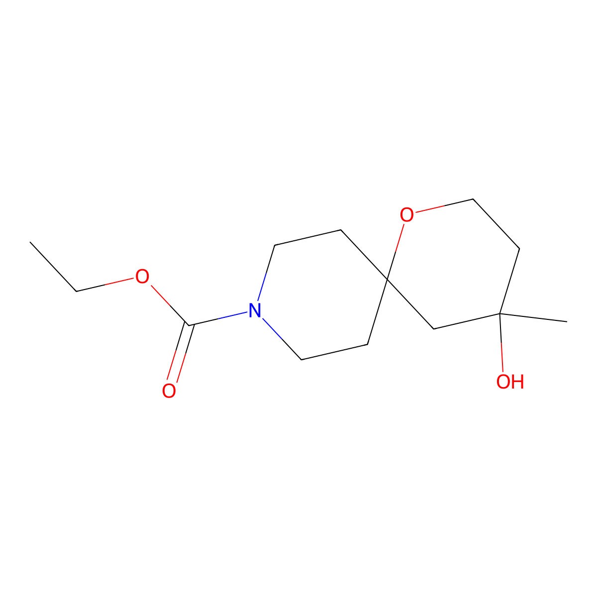 Ethyl 4-hydroxy-4-methyl-1-oxa-9-azaspiro[5.5]undecane-9-carboxylate molecular structure, CAS 1785761-67-2