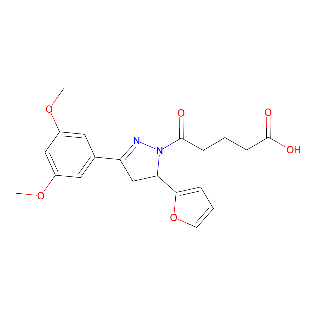 5-[3-(3,5-dimethoxyphenyl)-5-(furan-2-yl)-4,5-dihydro-1H-pyrazol-1-yl]-5-oxopentanoic acid molecular structure, CAS 1785762-86-8