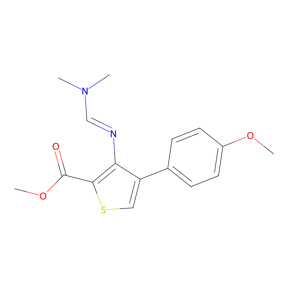 methyl 3-{[(1E)-(dimethylamino)methylene]amino}-4-(4-methoxyphenyl)thiophene-2-carboxylate molecular structure, CAS 1785842-37-6