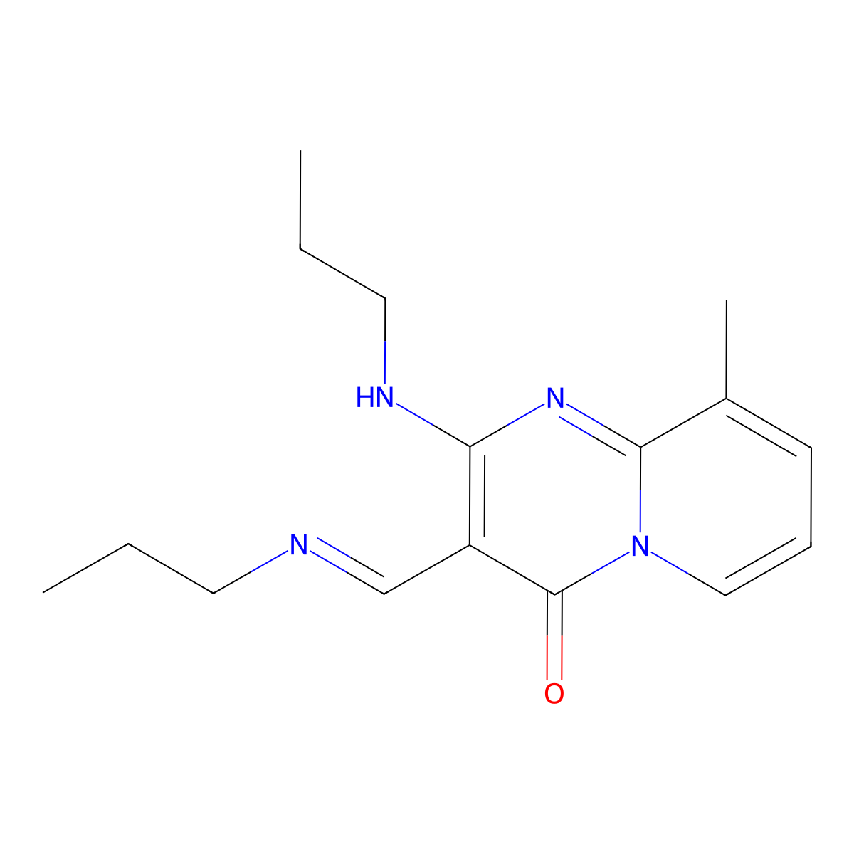 9-methyl-2-(propylamino)-3-[(1E)-(propylimino)methyl]-4H-pyrido[1,2-a]pyrimidin-4-one molecular structure, CAS 1785852-28-9
