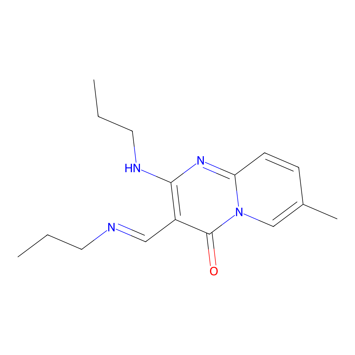 7-methyl-2-(propylamino)-3-[(1E)-(propylimino)methyl]-4H-pyrido[1,2-a]pyrimidin-4-one molecular structure, CAS 1785879-96-0