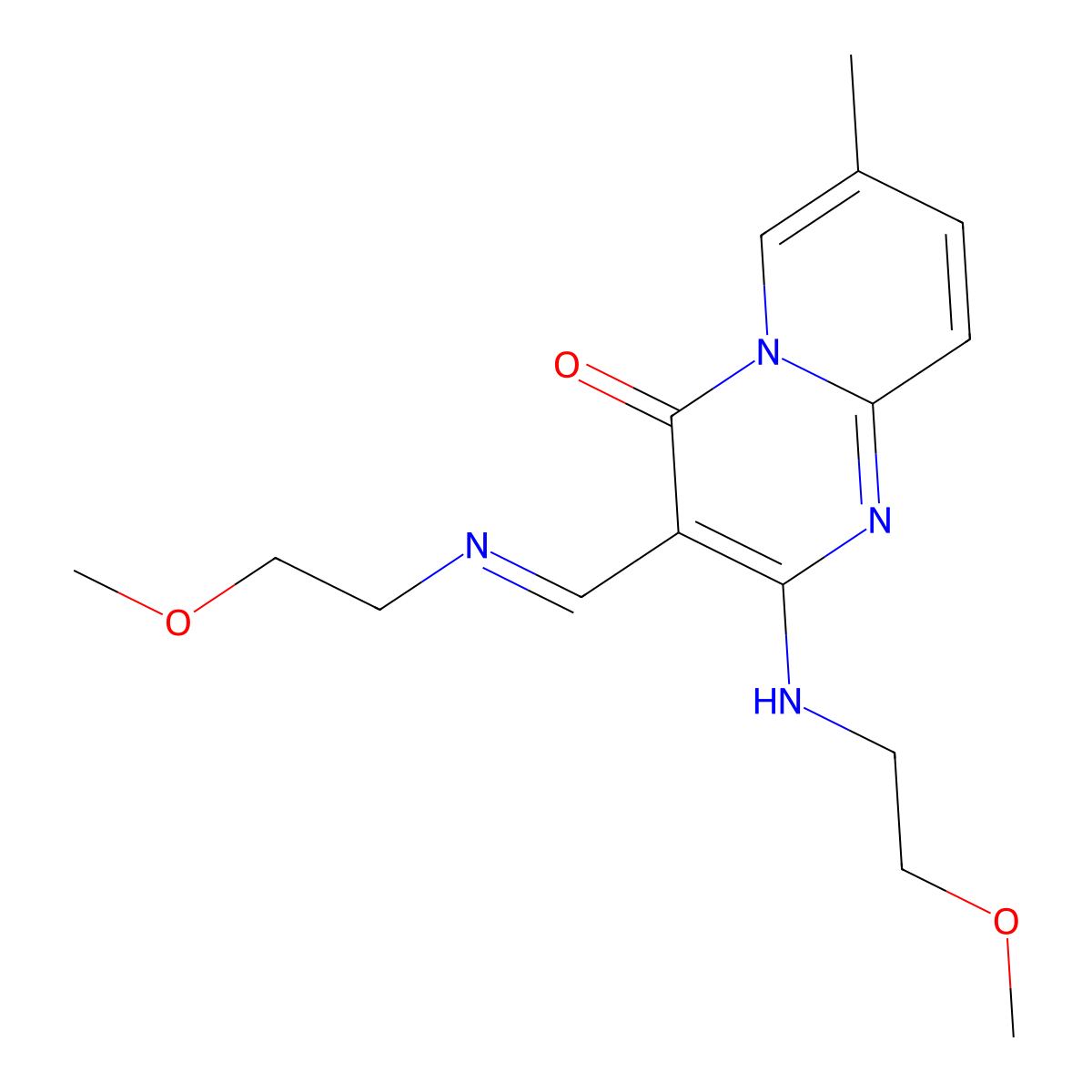 2-[(2-methoxyethyl)amino]-3-[(1E)-[(2-methoxyethyl)imino]methyl]-7-methyl-4H-pyrido[1,2-a]pyrimidin-4-one molecular structure, CAS 1785993-28-3