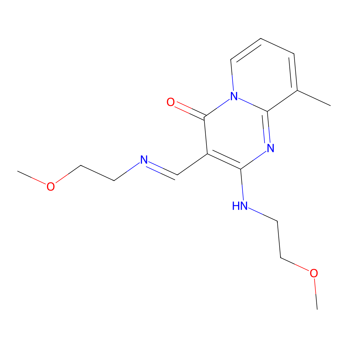 2-[(2-methoxyethyl)amino]-3-[(1E)-[(2-methoxyethyl)imino]methyl]-9-methyl-4H-pyrido[1,2-a]pyrimidin-4-one molecular structure, CAS 1786068-03-8