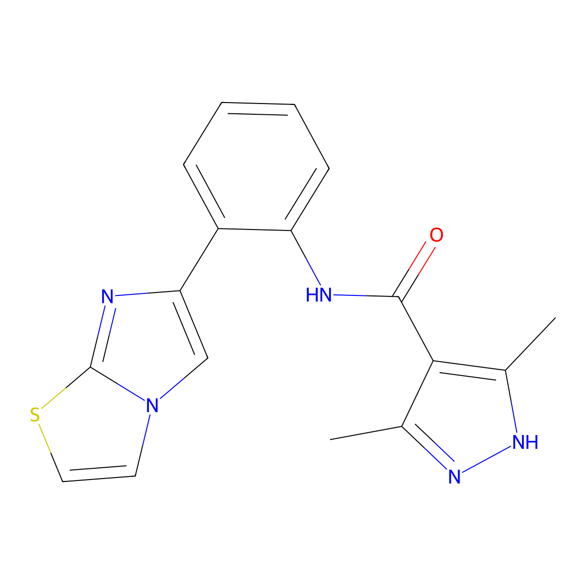 N-(2-(imidazo[2,1-b]thiazol-6-yl)phenyl)-3,5-dimethyl-1H-pyrazole-4-carboxamide molecular structure, CAS 1786112-88-6