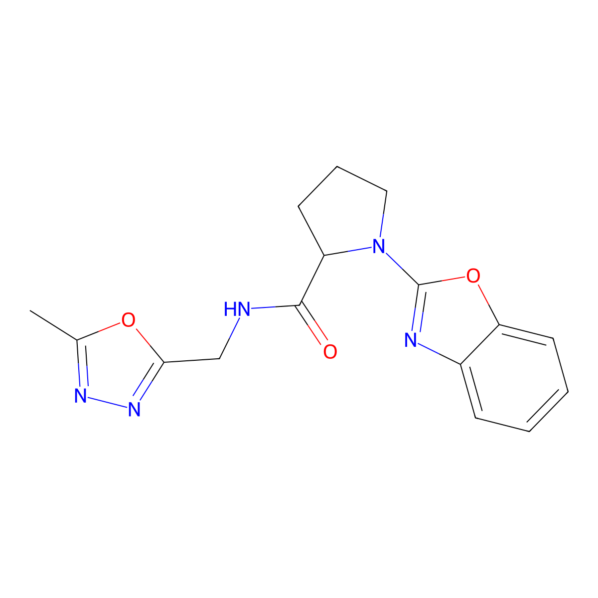 1-(benzo[d]oxazol-2-yl)-N-((5-methyl-1,3,4-oxadiazol-2-yl)methyl)pyrrolidine-2-carboxamide molecular structure, CAS 1786208-43-2