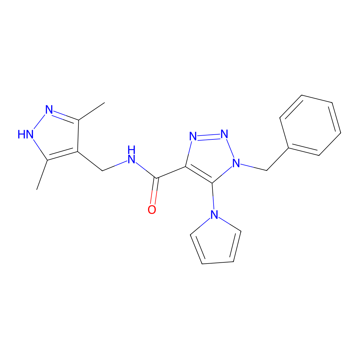 1-benzyl-N-[(3,5-dimethyl-1H-pyrazol-4-yl)methyl]-5-(1H-pyrrol-1-yl)-1H-1,2,3-triazole-4-carboxamide molecular structure, CAS 1786222-64-7