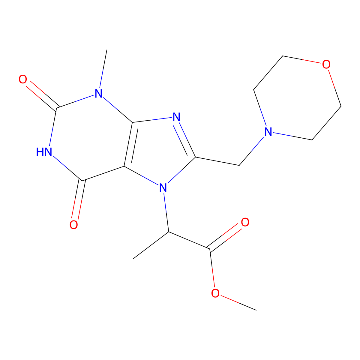 Methyl 2-[3-methyl-8-(morpholin-4-ylmethyl)-2,6-dioxopurin-7-yl]propanoate molecular structure, CAS 1786247-87-7