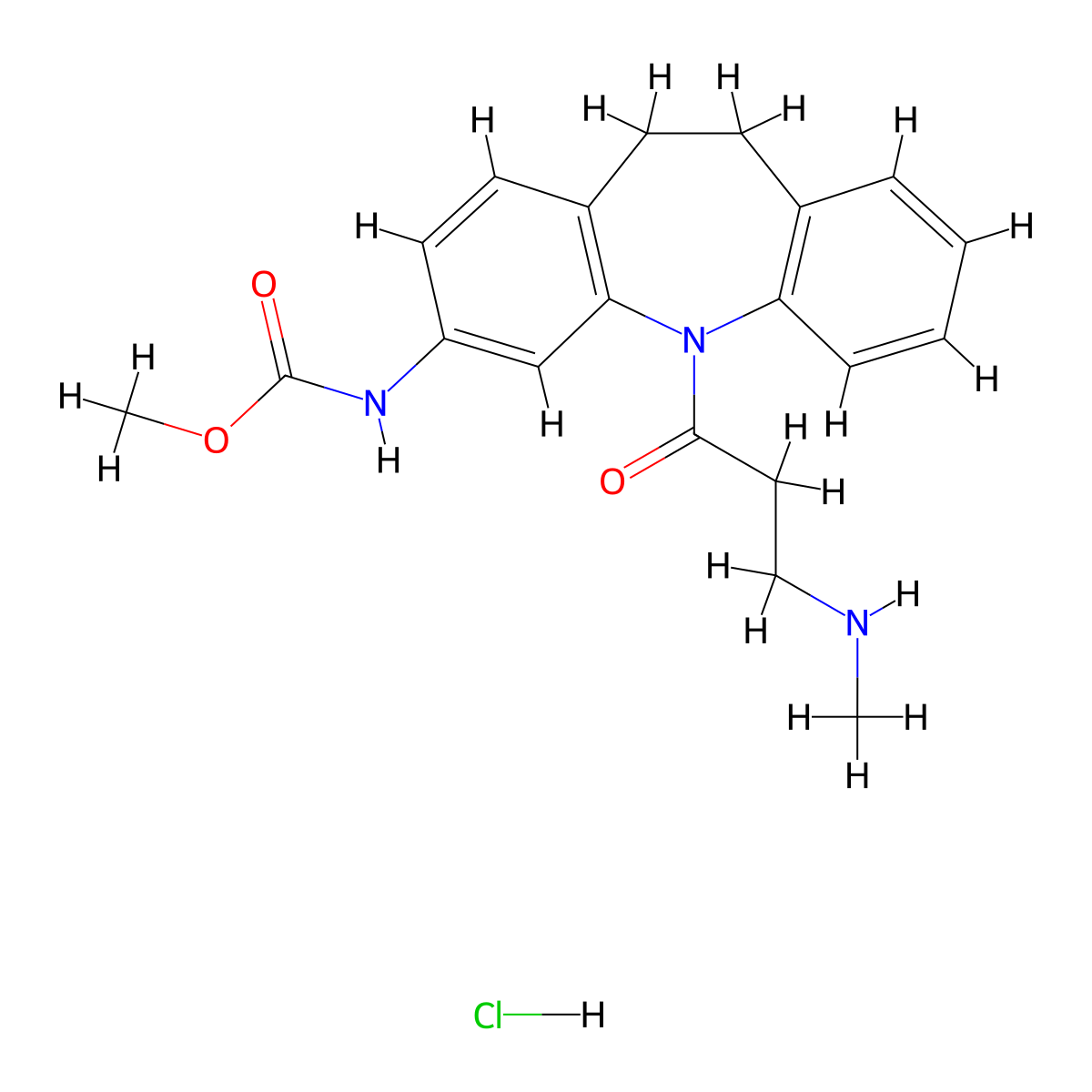 methyl (5-(3-(methylamino)propanoyl)-10,11-dihydro-5H-dibenzo[b,f]azepin-3-yl)carbamate hydrochloride molecular structure, CAS 178698-57-2