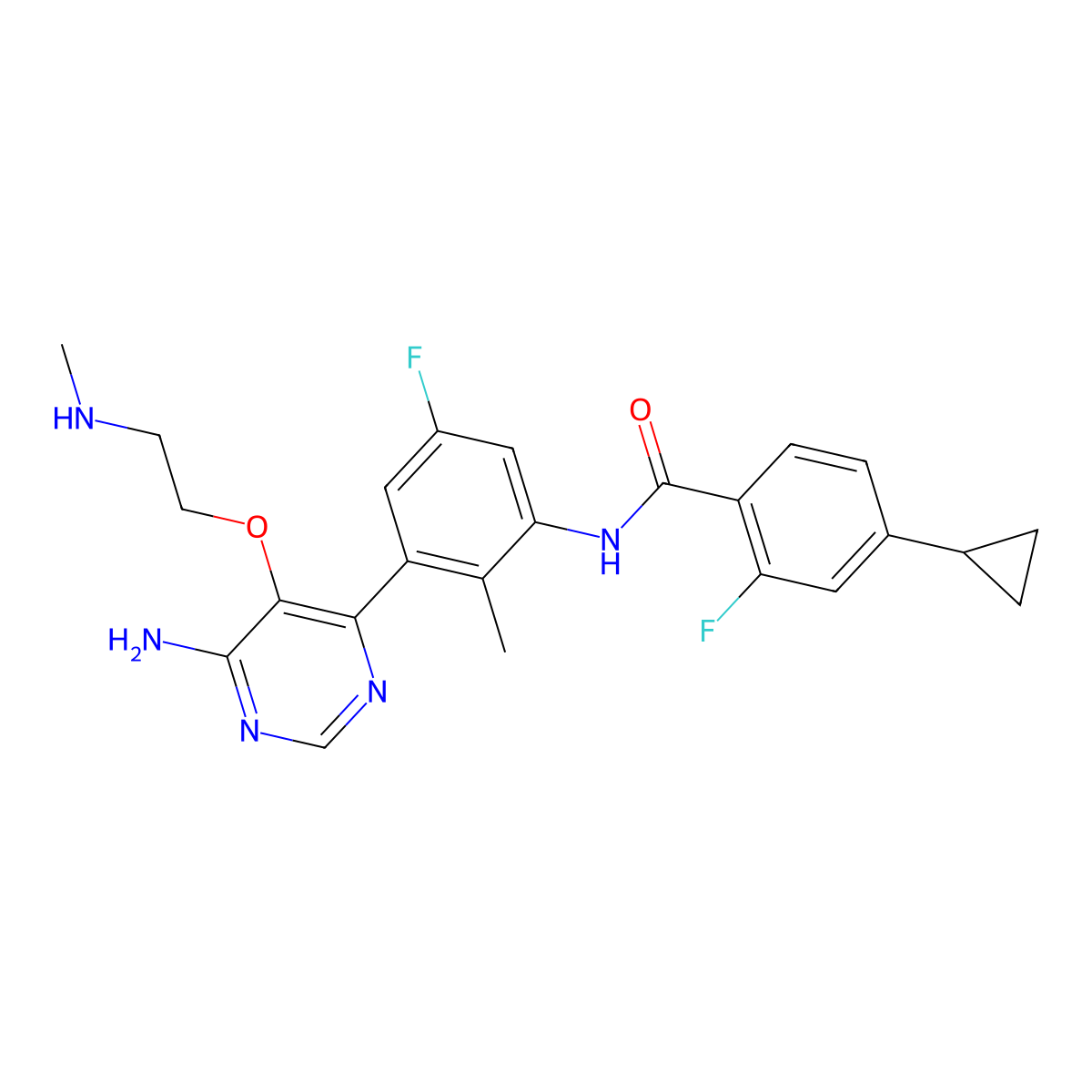 N-[3-[6-Amino-5-[2-(methylamino)ethoxy]-4-pyrimidinyl]-5-fluoro-2-methylphenyl]-4-cyclopropyl-2-fluorobenzamide molecular structure, CAS 1787294-53-4